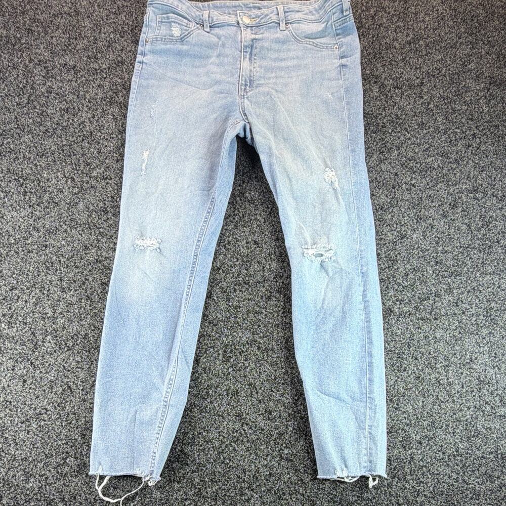 H&M Curvy Jeggings Womens 14 Ultra High Waist Light Wash Distress Raw Hem Jeans